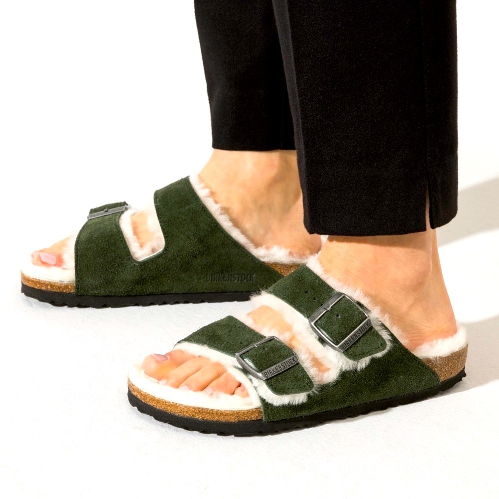New Birkenstock Women's Arizona Shearling Green Suede Sandals Size 38/7